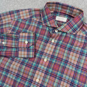 Eton Shirt Mens Size 41 16 Large Madras Plaid Contemporary Long Sleeve Dress